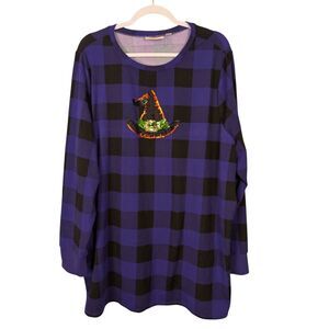 Quacker Factory Womens Halloween Top 2X Purple Buffalo Plaid Sequin Witch Hat